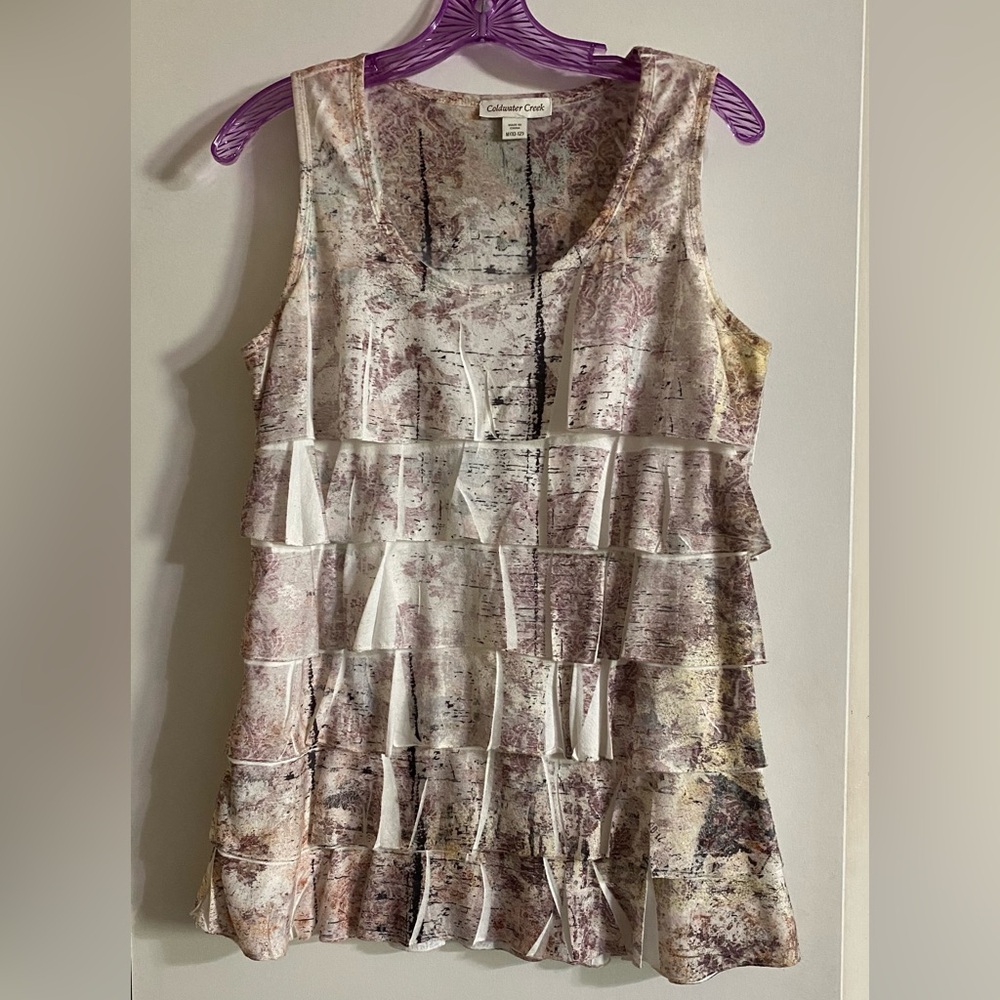 Coldwater Creek NWOT Abstract Ruffle Tank Top - Cream and brown